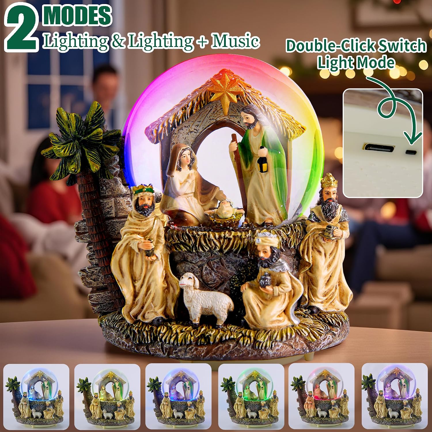 Nativity Christmas Snow Globe Lantern, Musical Snow Globe with Lighted Nativity Scene, Large Snow Globe for Christmas Decorations Indoor for Home
