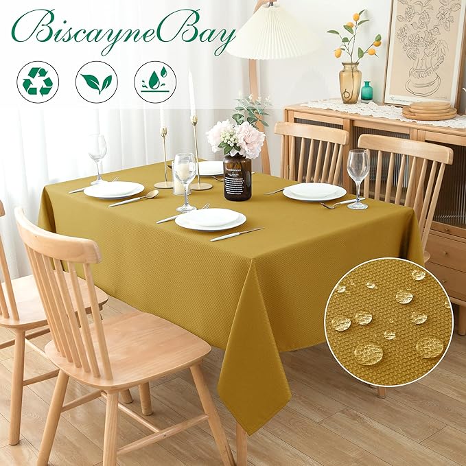Biscaynebay Textured Fabric Christmas Rectangle Table Cloth 52x70 Inches, Gold Water Resistant Tablecloths for Dining, Kitchen, Wedding, Parties etc. Machine Washable