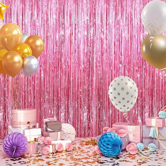 GCB 2 Pack Glitter Foil Curtain Pink Backdrop Streamers Metallic Tinsel Fringe Curtains Photo Booth Props for Birthday Wedding Engagement Bachelorette Christmas Holiday Celebration Party Decorations