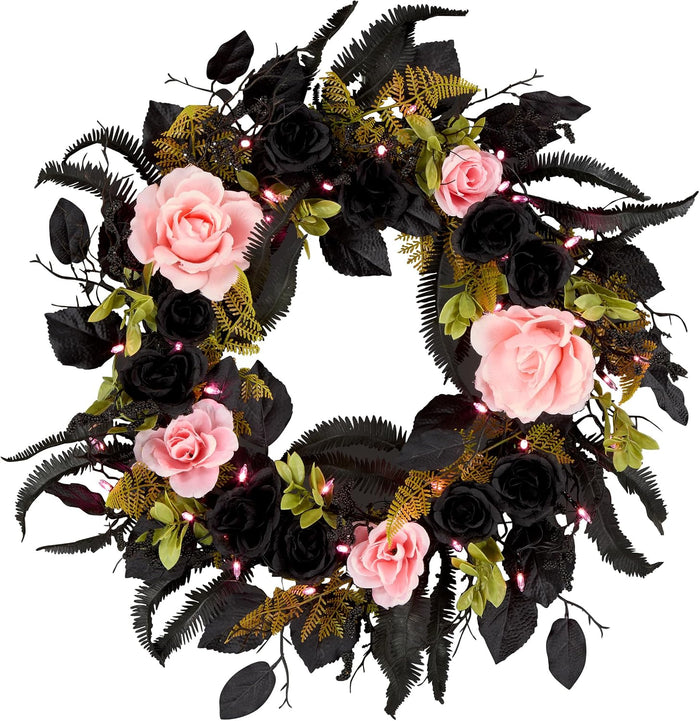 National Tree Company, 24inch Artificial Cute and Creep Halloween Wreath, 40 Pink LED Lights