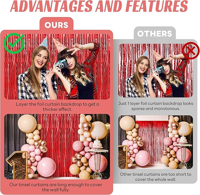 BTSD-home 10 Pack Red Foil Fringe Curtain, Metallic Photo Booth Backdrop Tinsel Door Curtains for Wedding Birthday Bridal Shower Valentine Bachelorette Christmas Party Decorations(8ft x 3ft)