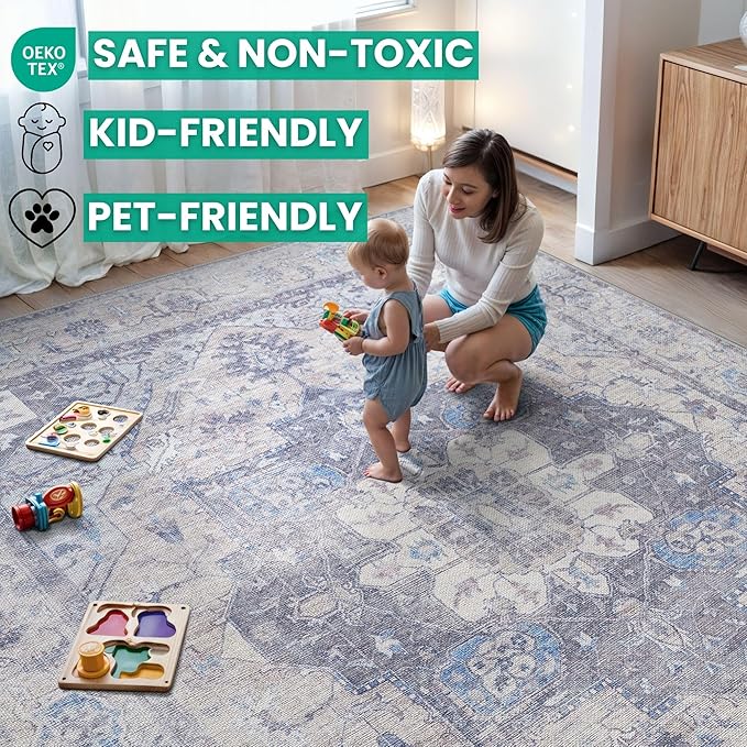 Bloom Rugs Washable Non-Slip 10 ft Runner - Blue/Sand Traditional Medallion Runner for Entryway, Hallway, Bathroom, and Kitchen - Exact Size: 2.5' x 10'
