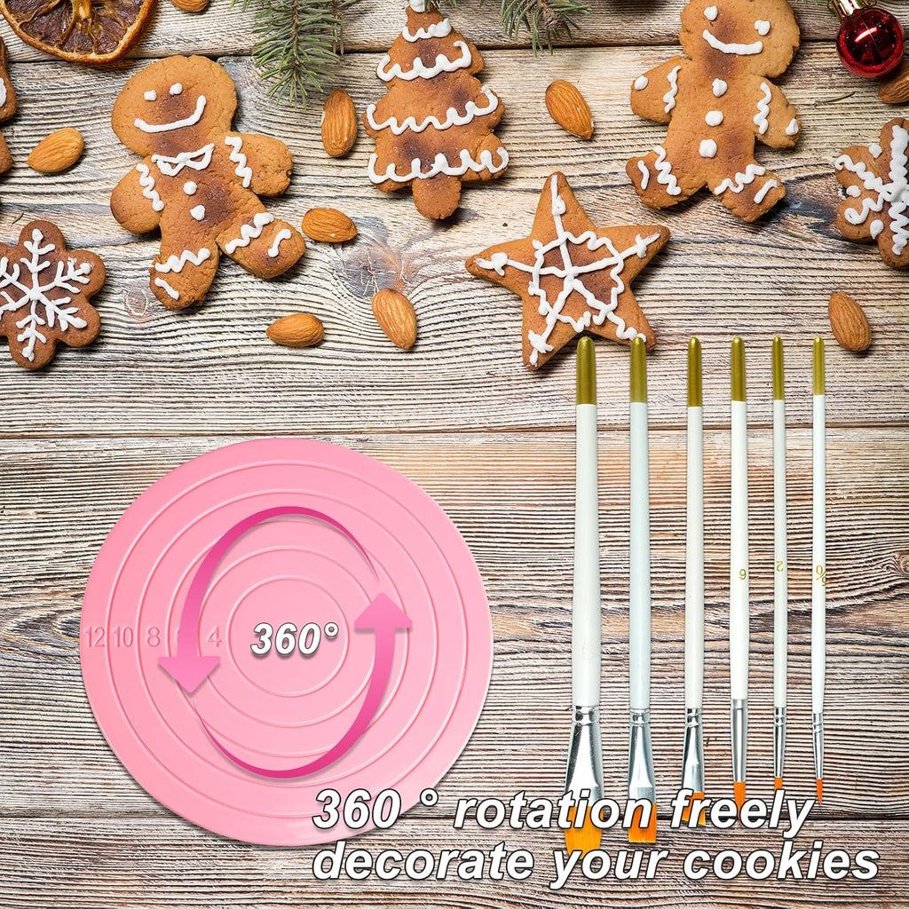 16 Pcs Cookie Decorating Kit Cookie Turntable Decorating Supplies with 2 Acrylic Turntable 6 Scribe Needle and 2 Silicone Mesh Mats 6 Decoration Brushes