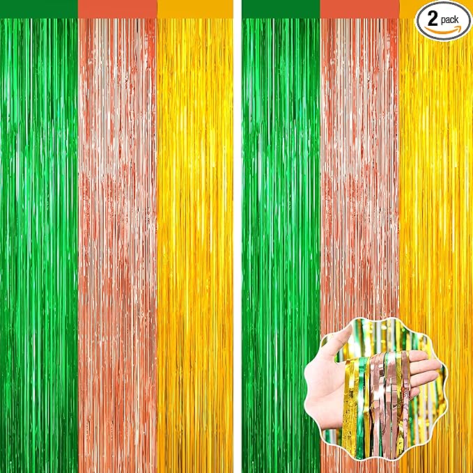 2 Pack Christmas Luau Decorations,Winter Summer Party Streamer, Green Brown Yellow Backdrop Tinsel Curtains Fringe Curtains, Metallic Hawaiian Supplies Aloha Party Decor Wedding Engagement Decorations
