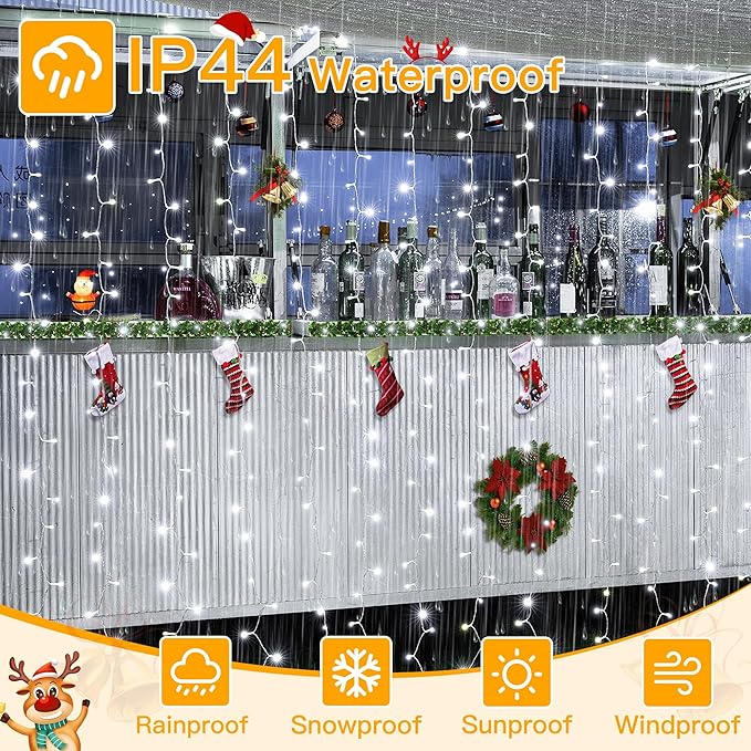 Ollny Curtain Lights 6.6x6.6ft, 200 LED White String Lights with Remote 8 Modes Dimmable Timer, USB Power Fairy Light for Bedroom Backdrop Indoor Wall Window Wedding Decor