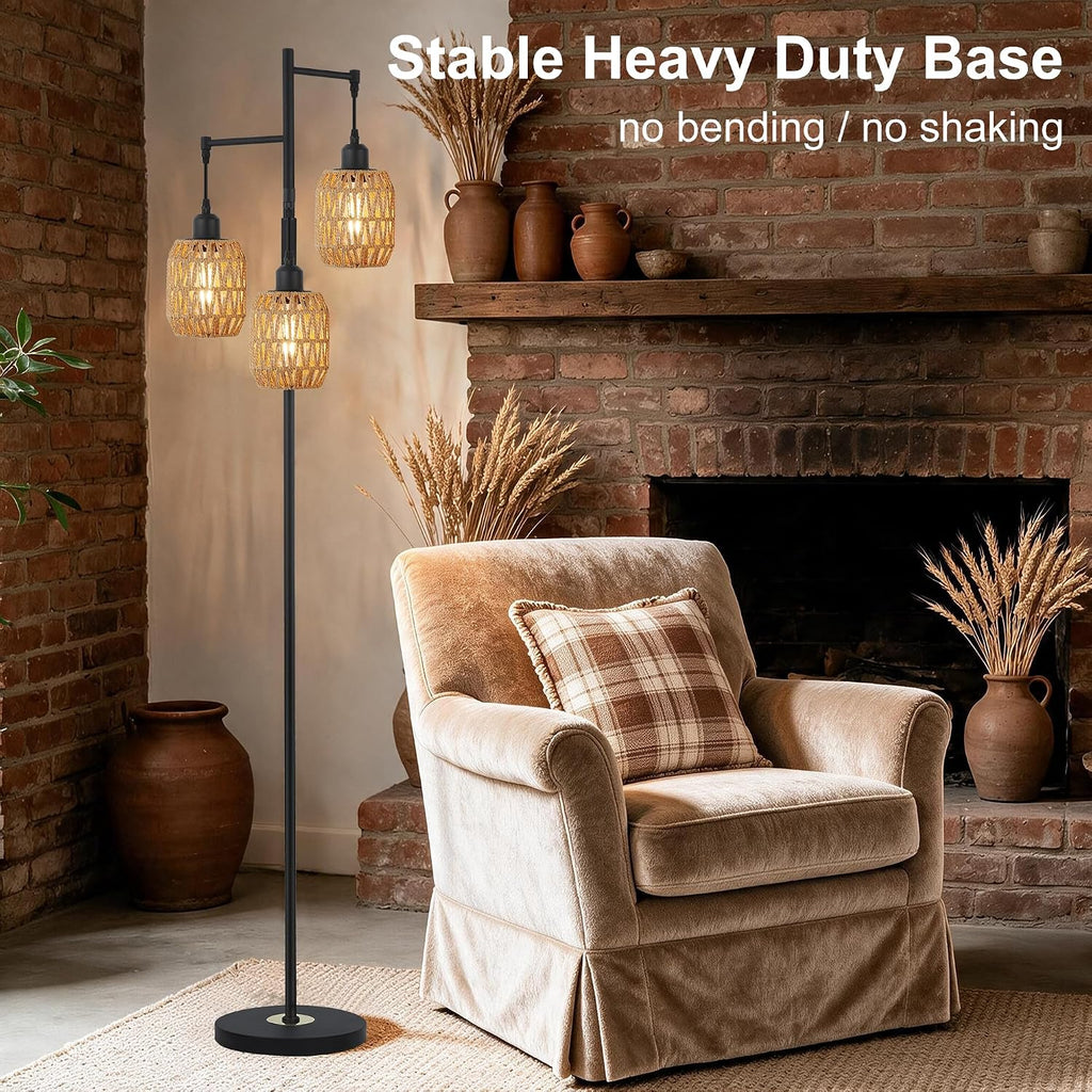 boho rattan tree floor lamp, black dimmable standing showing dimensions