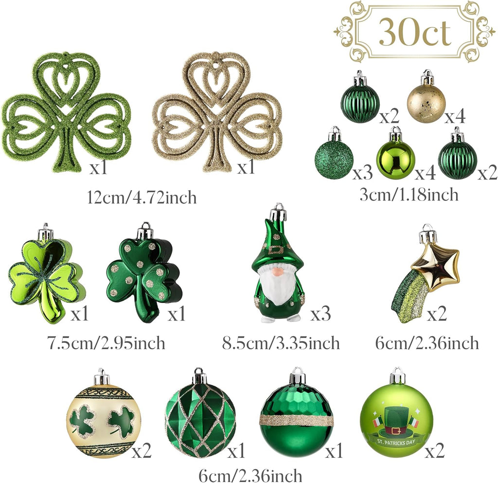 Valery Madelyn St Patricks Day Decorations Shamrock Tree Ornament,30pcs Hanging Ball Ornament Gnome Decor for Irish Festival, Good Luck Clover Emerald Green Gold Christmas Ball for Party Home Spring
