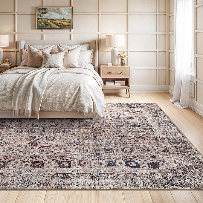 Bloom Rugs Washable Non-Slip 9' x 12' Rug - Light Tan/Blue Traditional Oriental Area Rug for Living Room, Bedroom, Dining Room, and Kitchen - Exact Size: 9' x 12'