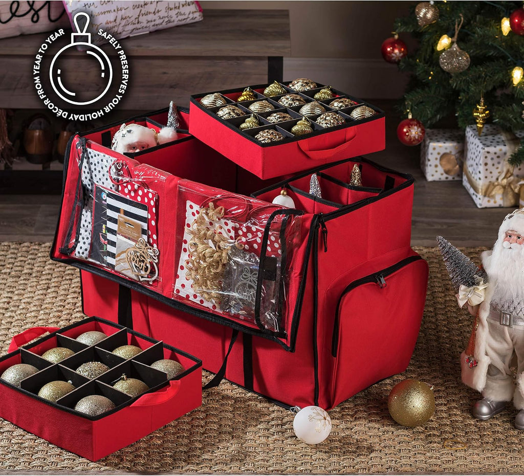 ZOBER All in One Christmas Ornament Storage Box & Decoration Container - Easy Access Removable Trays, Keeps 73 Ornaments - Adjustable Extent Area for Figurines and Pockets for Decoration - Red