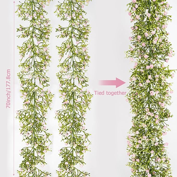 2 Pcs 5.8ft Artificial Baby Breath Flower Vines, Babys Breath Artificial Flowers Real Touch Faux Gypsophila Hanging Fake Baby's Breath Garlands for Wedding and Baby Shower Decor（Pink）