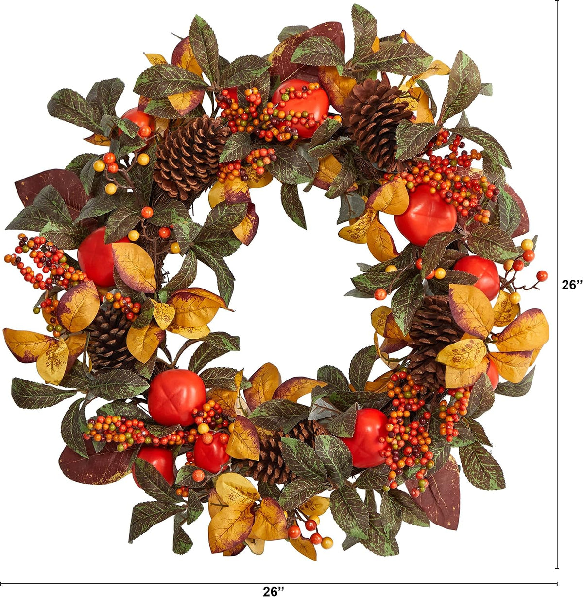 Nearly Natural 26 in Autumn Maple, Persimmons, and Pinecones Fall Wreath