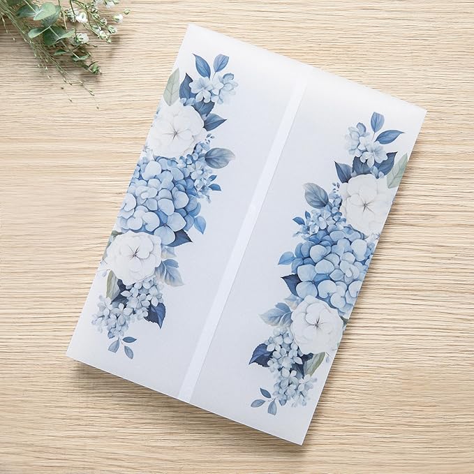 PONATIA 50PCS Vellum Jackets for 5x7 Invitation Cards- 135GSM Dusty Blue Flowers Sleeves, Vellum Paper 5x7 Jackets - Wedding Invitations Wraps - Transparent Card