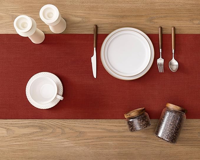 ZeeMart Linen Textured Border Table Runner, 14 x 60 Inch Orange, Farmhouse Style Burnt Orange Fall Table Runners 60 Inches Long, Easy Care Everyday Polyester Table Runner