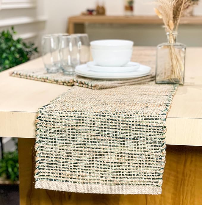 Chardin home Natural Jute Table Runner 13x90 Inch – Vintage Boho Rustic Table Decor – Handwoven Table Runner in Natural Jute and Green – Farmhouse Dining or Console Table Accent