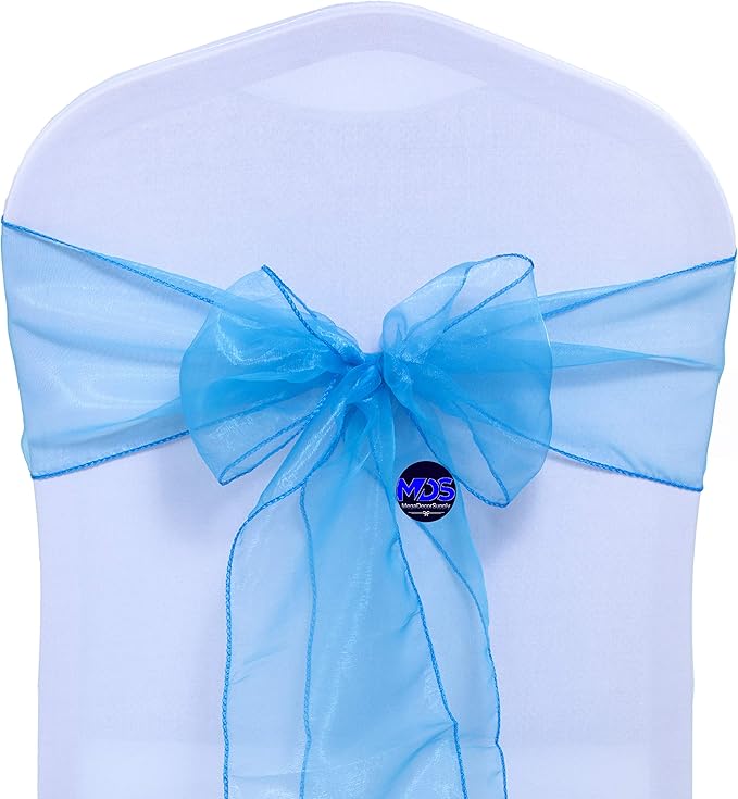 MDS Pack of 100 PCS Organza Chair Sashes Wider Dining Chair Bows Ribbon Tie Back for Wedding Party Birthday Bridal Shower Reception Event Banquet Home Chair Cover Decoration - Blue