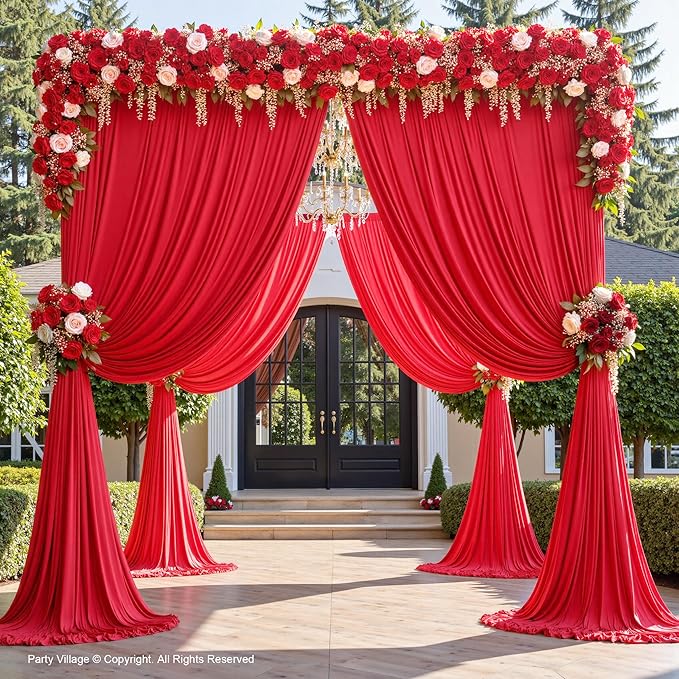 PartyVillage 50ft×15ft Red Backdrop Curtain for Wedding Parties, 10 Panels Wrinkle Free 15 FT Long Polyester Photo Backdrop Drapes Back Drop Cloth for Birthday Photography Background