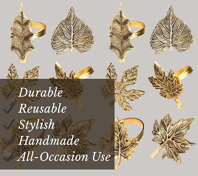 12-Piece Metal Napkin Rings - Antique Gold Harvest Leaf Napkin Rings - Decorative Table Accents for Holiday Party, Dinner, Family Gatherings, Table Décor Weddings & Everyday Use - ALPHA Living HOME