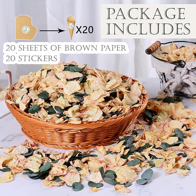 Oning 20+ Cups of Mix Dried Bio Flower Rose Petals Confetti, 2 QT Ivory White Roses & Eucalyptus Leaves, Real Petals for Wedding Parties Romantic Gifts