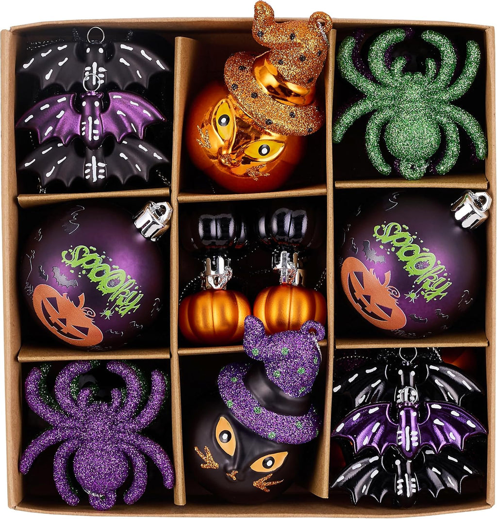Valery Madelyn 35ct Halloween Ornaments Shatterproof Tree Decoration Indoor | Cats Jack-o'-Lantern Pumpkin Vintage Variety Hanging Ball Ornaments Set for Small Tree, Cute Holiday Party Home Decor