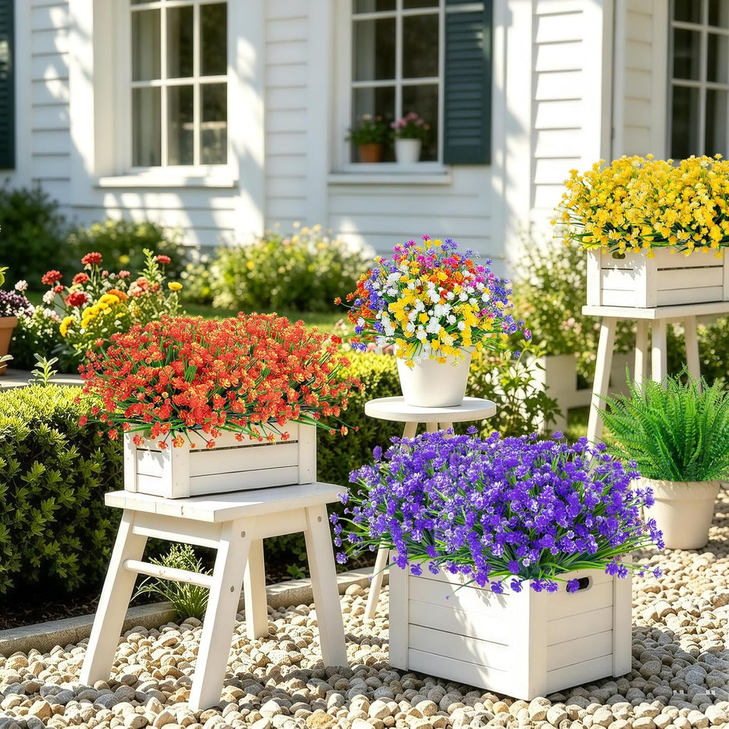 Ouddy Decor 24 Bundles Artificial Flowers for Outdoors UV Resistant Fake Plastic Plants Faux Boston Fern Greenery Stems for Spring Summer Indoor Garden Patio Window Box Kitchen Home Decor, Mixedcolor