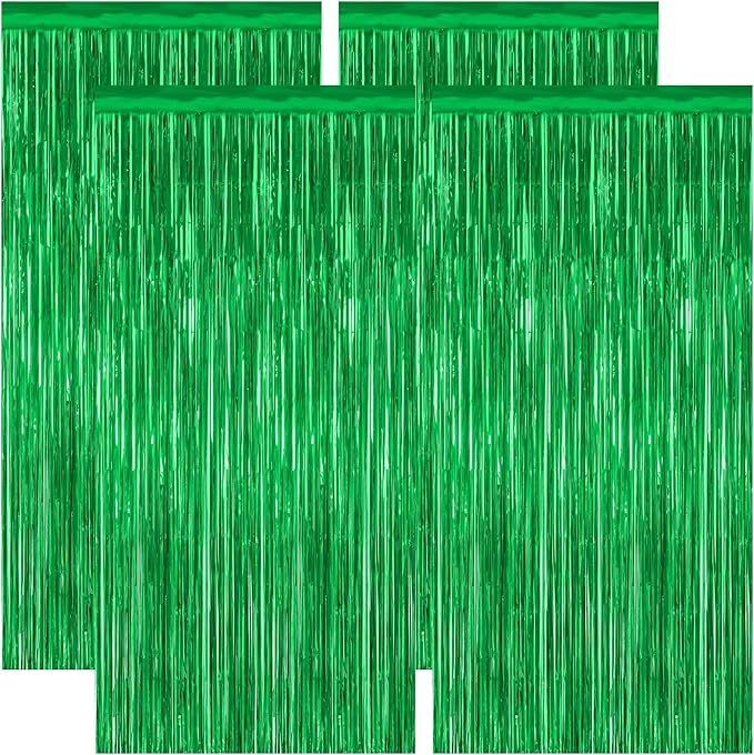 4 Pack Green Streamers, 3.28 FT x 7.05 FT Birthday Tinsel Backdrop, Metallic Green Foil Fringe Curtains Photo Booth Backdrop, Green Jungle Theme Decorations Birthday Decor