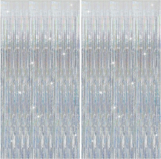 2 Pack Silver Glitter Backdrop Party Decorations Tinsel Streamers Foil Fringe Curtains Shimmer Wall Backdrop Christmas Birthday Bachelorette Party Wedding Decor Supplies