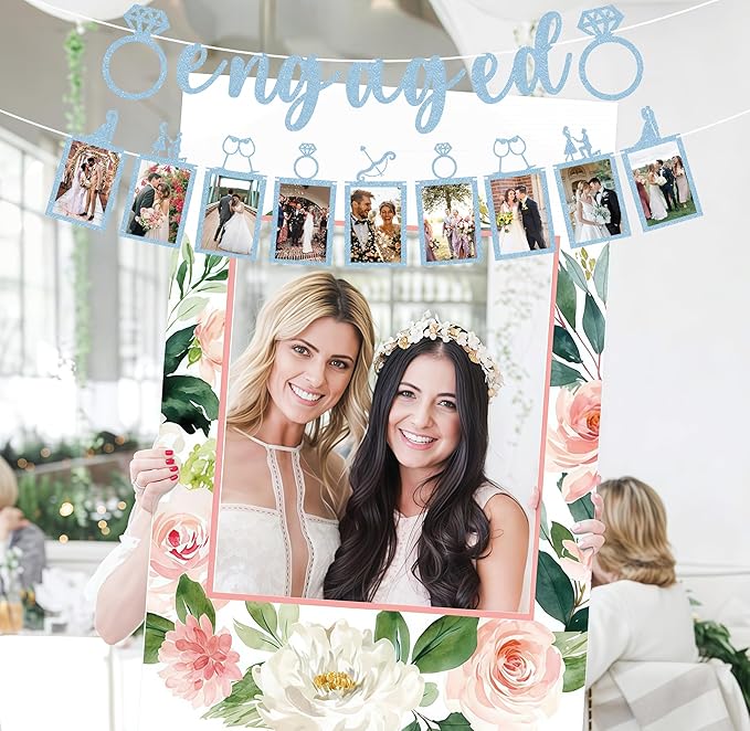 Pre-Strung Engaged Photo Banner - Light Blue Glitter Engagement Party Decoration Supplies with Romantic Memories Picture Card Frames for Bachelorette, Bridal Shower, Wedding Party Photo Booth Props
