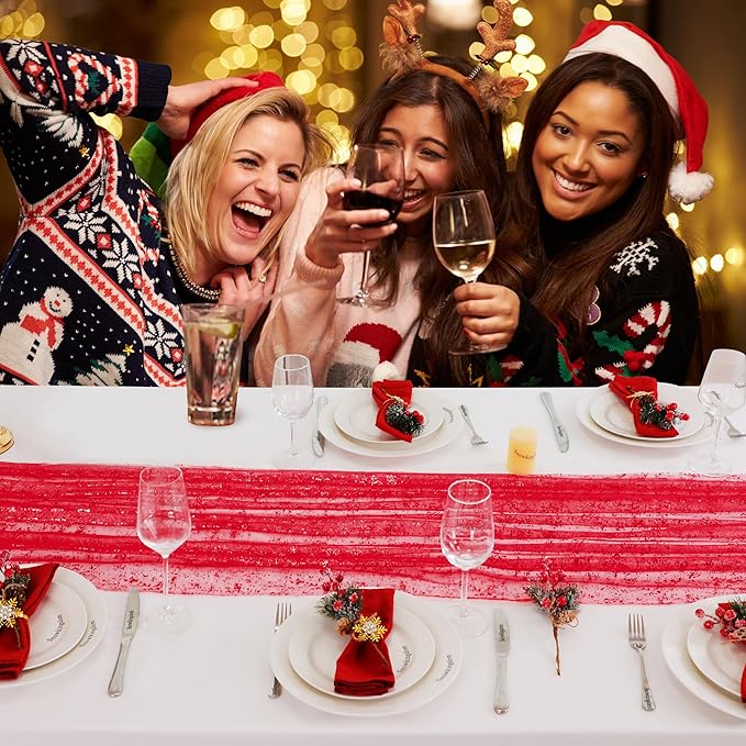 Snowkingdom Red Christmas Table Runner 10 FT, Glitter Metallic Foil Sheer Tulle Cheesecloth Gauze Runner 120 Inch, Red Table Centerpieces Decoration for Wedding Birthday Party Holiday