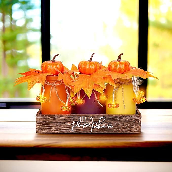 Thanksgiving Decorations Indoor 3 PCS, Thanksgiving Table Decor with Wooden Boxes, Thanksgiving Fall Centerpiece Mason Jars with Pumpkin Decor Lights for Home, Office, Kitchen