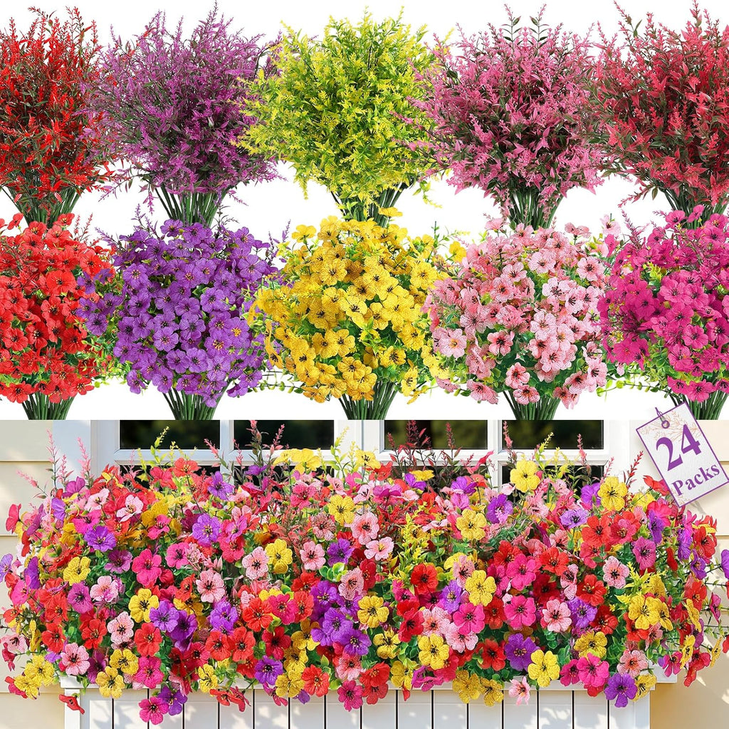 SHareconn 24 Bundles Artificial Flowers for Outdoors Decoration, Faux Plants Fake Silk Colorful Daisy Eucalyptus Lavender, UV Resistant for Outside Home Porch Patio Indoor Spring Decor, Mix 5 Colors