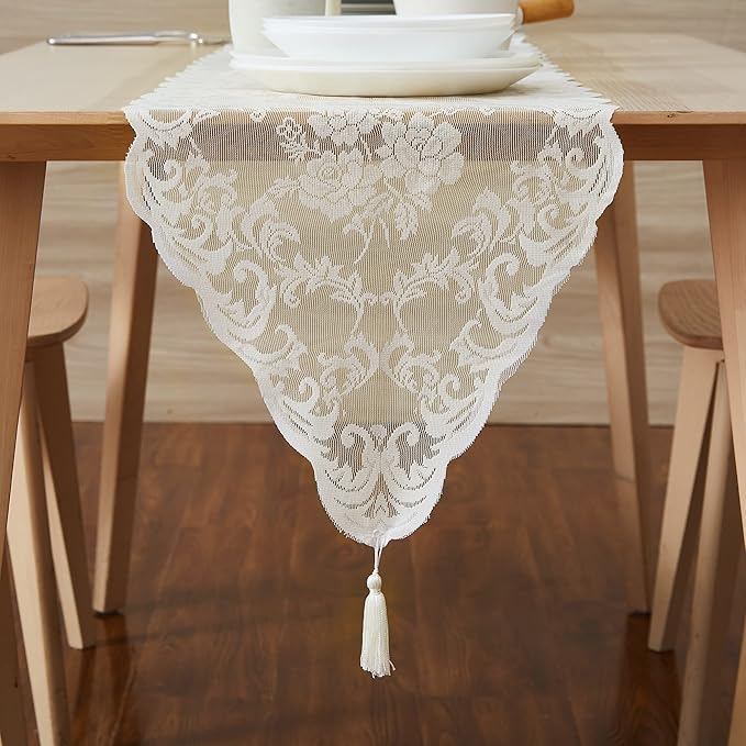 LinenZone Ivory Table Runner with 2 Tassels for Rustic Vintage Decor. Lace Table Runner Works Great As Wedding, Thanksgiving, Christmas Decor (Mia 14 x 48, Ivory)