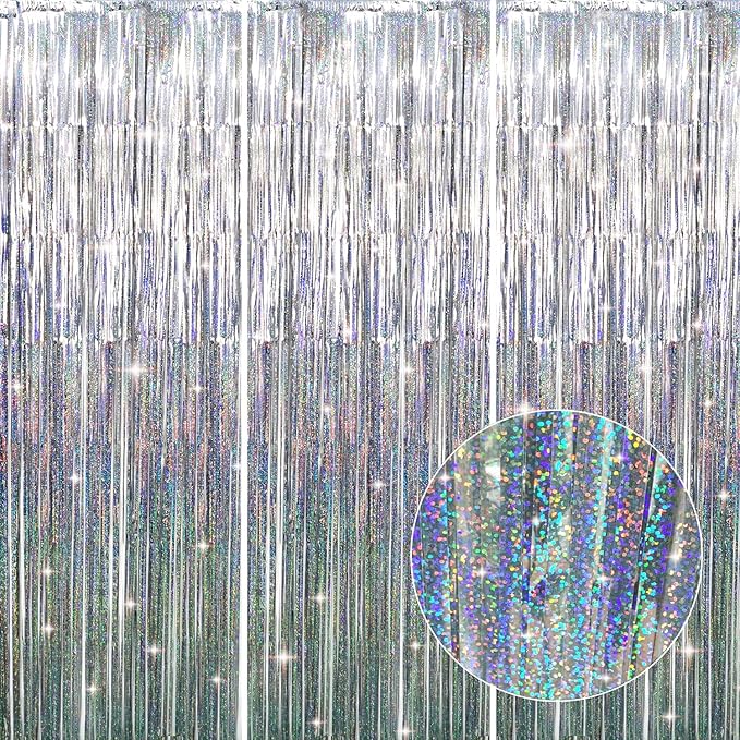 GOER 3.2 ft x 8.2 ft Metallic Tinsel Foil Fringe Curtains Party Photo Backdrop Party Streamers for Birthday,Graduation,New Year Eve Decorations Wedding Decor (3 Pcs, Shiny Silver)