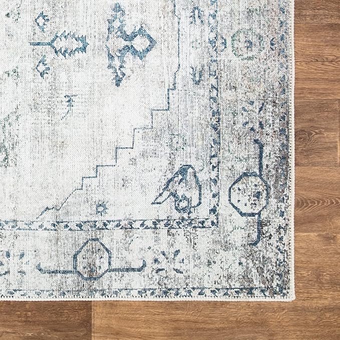 Bloom Rugs Washable Non-Slip 10 ft Runner - Teal/Beige Traditional Runner for Entryway, Hallway, Bathroom, and Kitchen - Exact Size: 2.5' x 10'