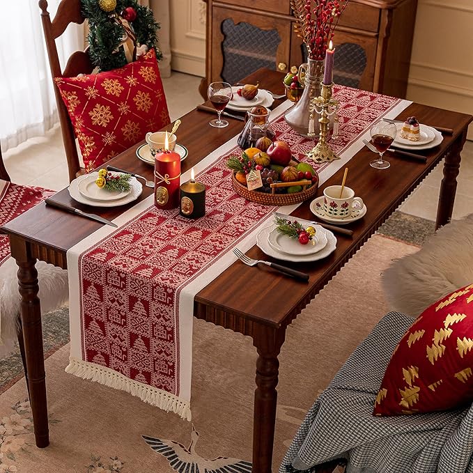 Table Runners 63 Inches,Christmas Tree Table Runner with Tassel Fringe,Gift Table Runner for Party，Coffee Table, Festival