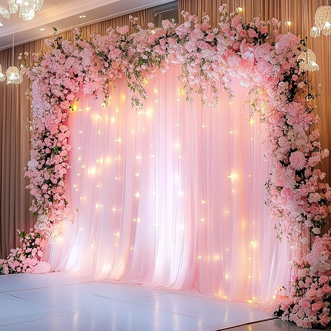 Fomcet Pink Tulle Backdrop Curtains with Lights String 10FT X 8FT Sheer Curtain with Lights Tulle Curtains Backdrop for Wedding Birthday Party Baby Shower Photo Shoot (2 Panels 5x8FT)