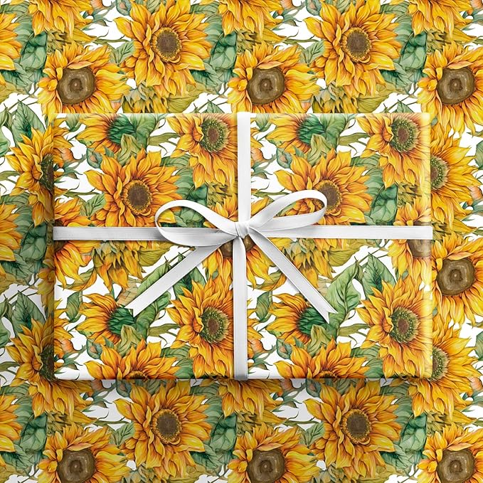 RUSPEPA Sunflower Wrapping Paper Roll for Women Girls, Mini Roll, Bright Yellow Sunflower Floral Design with Green Leaves, Cheerful Gift Wrap for Birthday, Wedding, Mother's Day, 17 Inches x 16.4 Feet