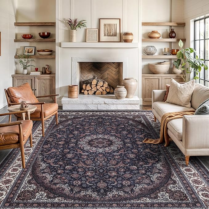 Bloom Rugs Washable Non-Slip 9' x 12' Rug - Navy Traditional Medallion Area Rug for Living Room, Bedroom, Dining Room, and Kitchen - Exact Size: 9' x 12'