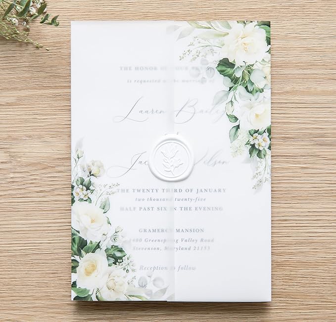 PONATIA 50 PCS Vellum Jackets for 5x7 Invitations- 135gsm White Floral Printed Vellum Sleeves, Quinceanera Wedding Invitation Cards Wraps, Green Flower Transparent Jacket