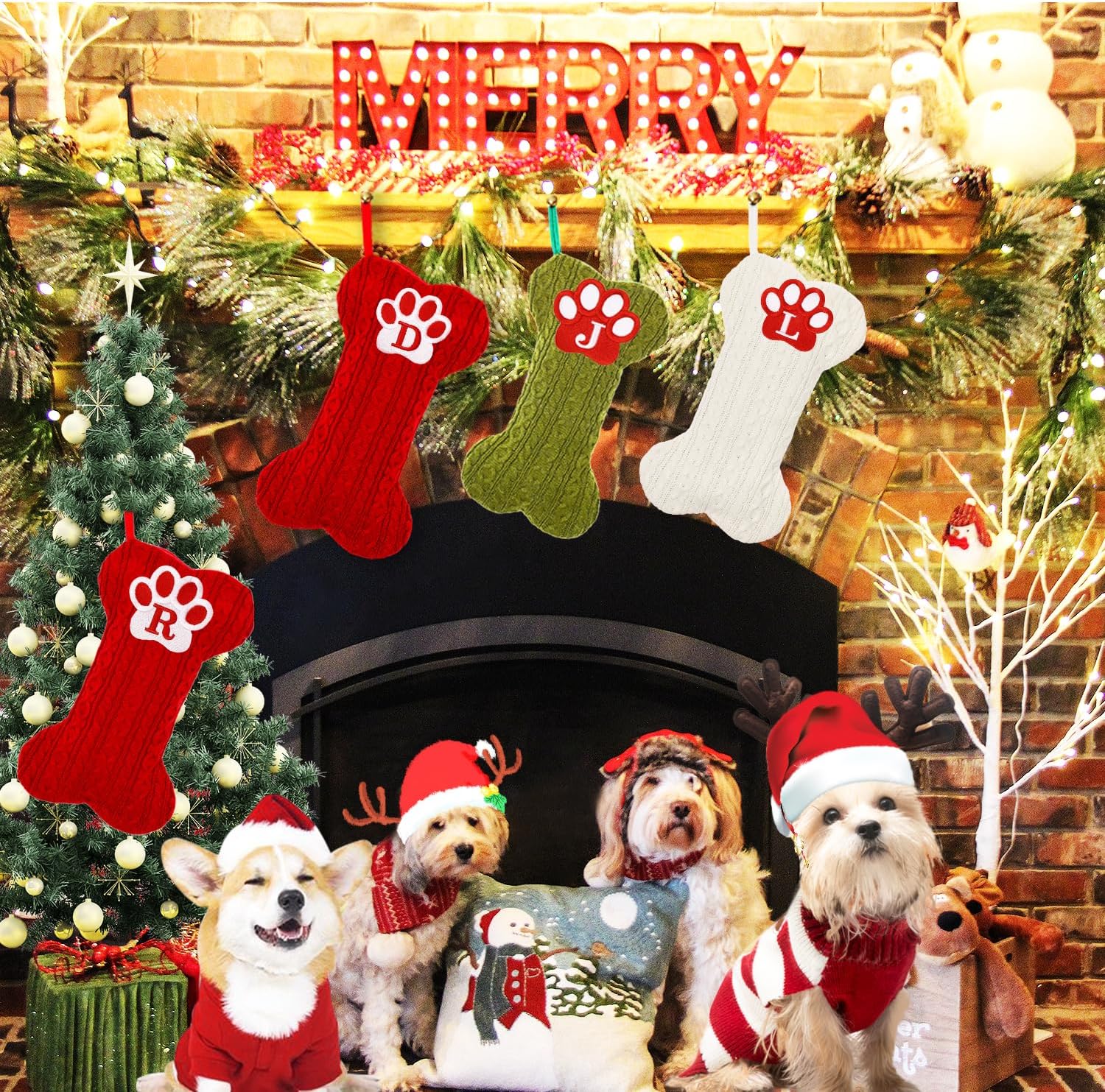 Dog Stocking with Initials，Bone Christmas Stocking with Letters,Large Knit Embroidered Monogram Christmas Stocking for Dogs Cats,Xmas Stockings for Pets Red M