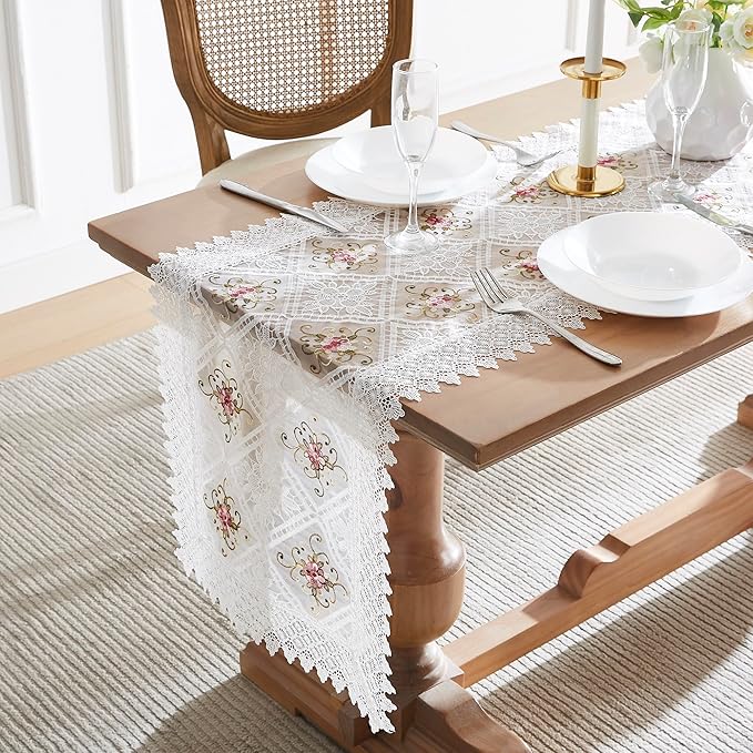 Warm Home Designs White Lace Table Runner. Embroidered with Intricate Flower Design. Can Be Used As Dresser Scarf or Dining Table Runner. VTR White 48