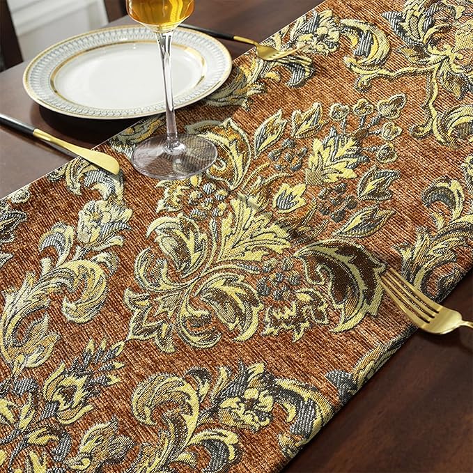 Elegant Floral Chenille Gold Jacquard Table Runner Advanced Caramel-Color with Tassels (60-inches)