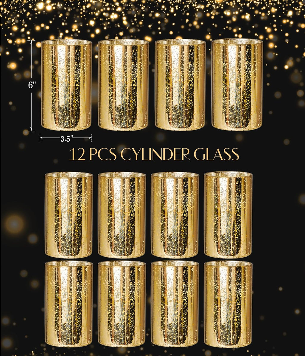 Willceka Gold Cylinder Vases for Centerpieces, Modern Glass Vase Set of 12 Decorative Hurricane Candle Holder for Pillar Candle Holders Flowers for Table Centerpiece