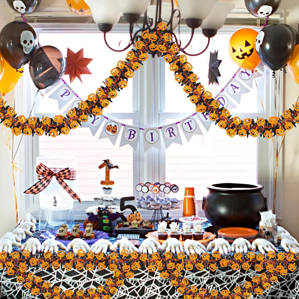 33FT Halloween Tinsel Garland with Orange Pumpkin Ornament, Shiny Metallic Twist Garland Outdoor Indoor Halloween Decorations for Home Table Office Classroom Fireplace Mantle Party Decor