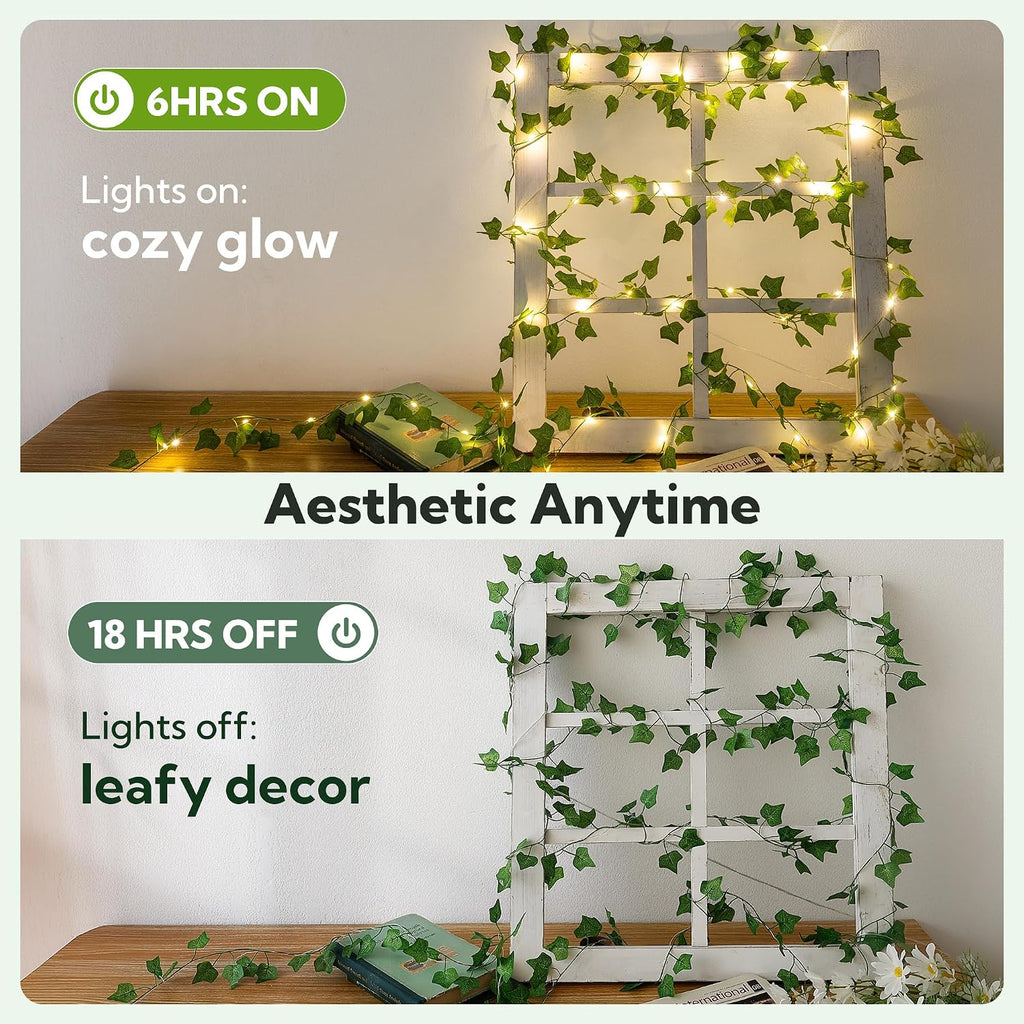 HEYFUNi 23ft Pre-Wrapped Ivy Vine Lights with 73 LEDs, USB or Battery Operated Artificial Greenery Garland for Bedroom Aesthetic, Dorm Room, Wedding Backdrop, Boho Wall Decor, Warm White