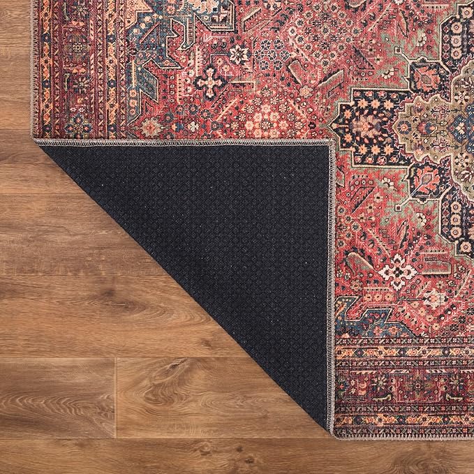 Bloom Rugs Washable Non-Slip 12 ft Runner - Red/Teal Blue/Yellow Traditional Medallion Runner for Entryway, Hallway, Bathroom, and Kitchen - Exact Size: 2.5' x 12'