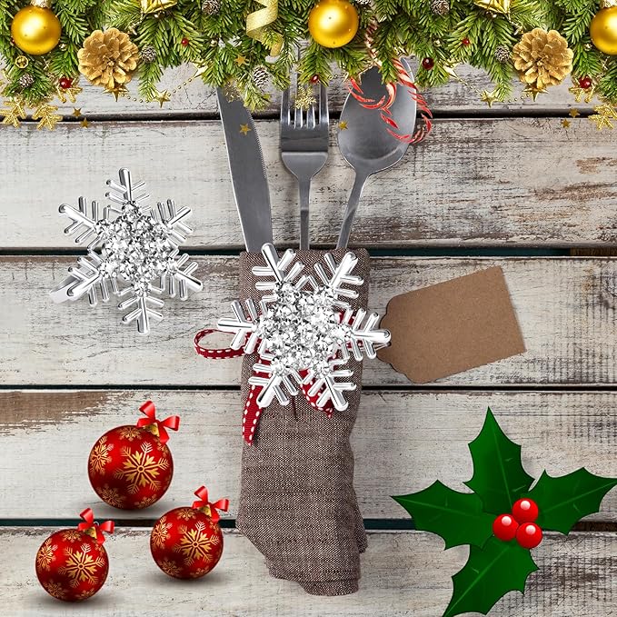 Halatool Christmas Napkin Rings Set of 12, Silver Snowflake with White Rhinestone Napkin Holder for Christmas Thanksgiving Winter Holiday Place Setting, Weddings, Party Table Decoration