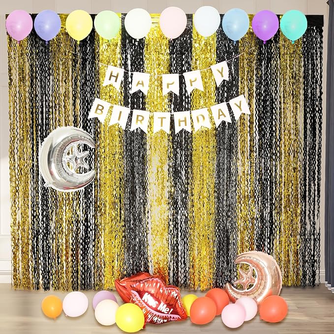4 Pack Black and Gold Wavy Foil Fringe Curtains Pirthday Decorations,3.3 ft x 6.6 ft Metallic Foil Curtains Streamers for Party Photo Booth Props Background Decoration