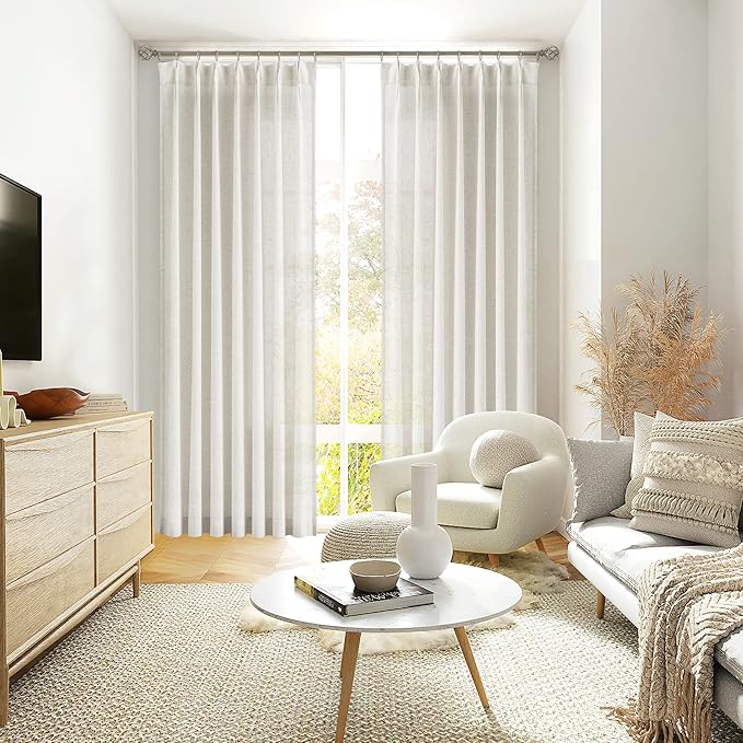 Vision Home Natural Pinch Pleated Semi Sheer Curtains Textured Linen Blended Light Filtering Window Curtains 102 inch for Living Room Bedroom Pinch Pleat Drapes with Hooks 2 Panels 42" Wx102 L