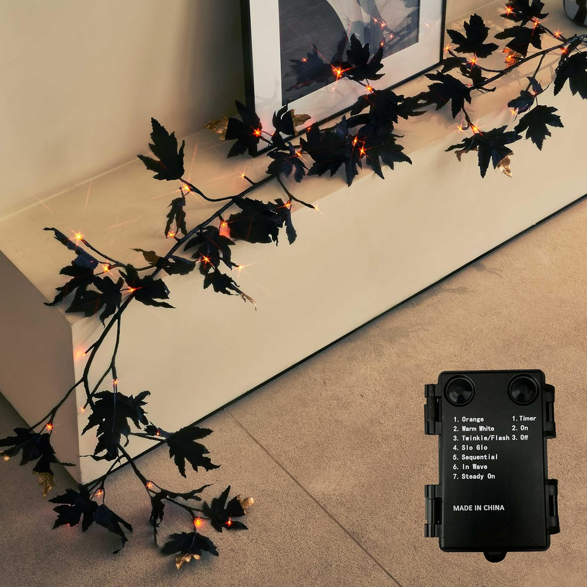 birchlitland halloween black maple garland with lights timer, side view
