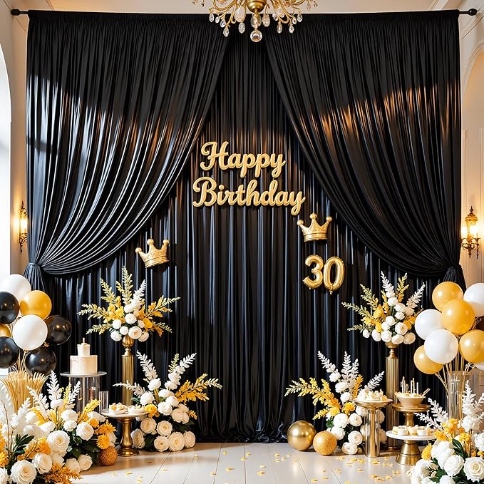 Black Satin Backdrop Curtains 2 Panels - Glitter Photo Drapes for Baby Shower, 10x10FT Shimmer Back Drop Cloth, Wrinkle Free for Birthday Party Prom Wedding Photoshoot Background